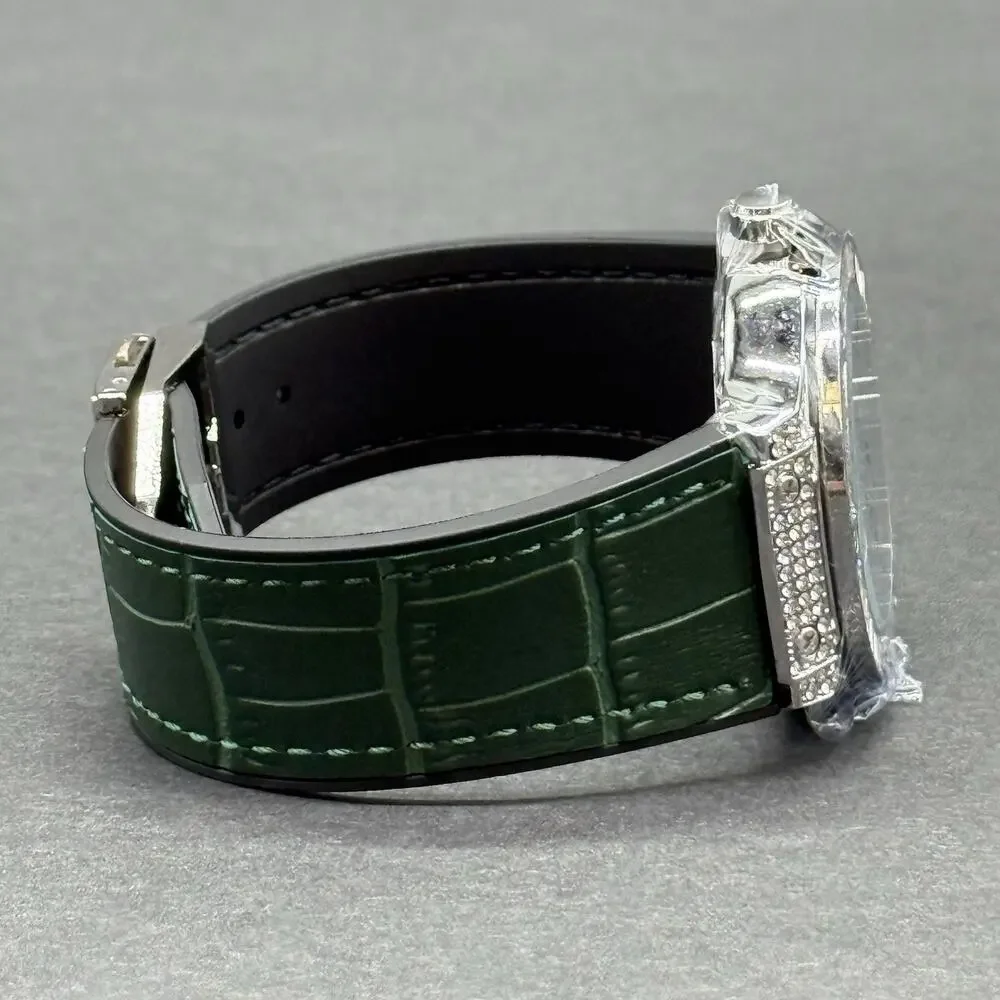 Iced Out Watch Silver Tone Green Leather Band Arabic Dial Baguette Bezel NEW